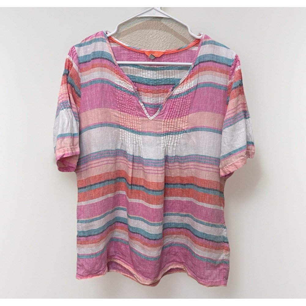 Joules Womens Roxie Linen Top US 10 Pink Striped Pintuck Short Sleeve V Neck M